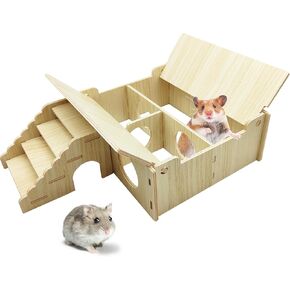 Wooden Hamster Hideout Tunnel Multi-Chamber House Dwarf Hamster Hiding Hut Maze Platform Habitats Exploring Toys for Gerbil Rat Mice in Saudi Arabia