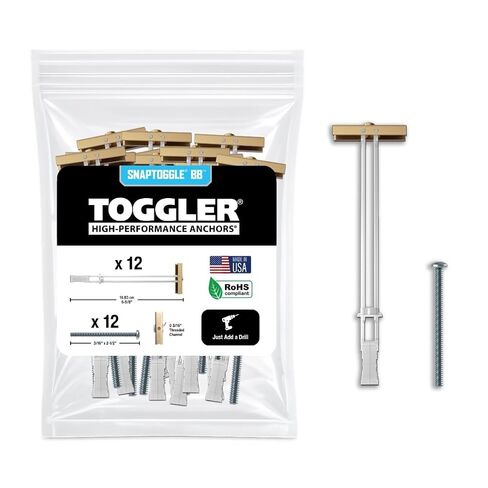 TOGGLER SNAPTOGGLE BB Toggle Anchor with Bolts, Zinc-Plated Steel Channel, Made in US, 3/8" to 3-5/8" Grip Range, For 1/4"-20 UNC Fastener Size (Pack of 10) in Kuwait