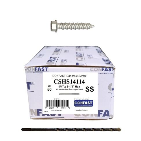 CONFAST 1/4" x 2-3/4" Concrete Screws 410 Stainless Steel Hex with Concrete Drill Bit for Anchoring to Masonry, Block or Brick (50 per Box) in Kuwait