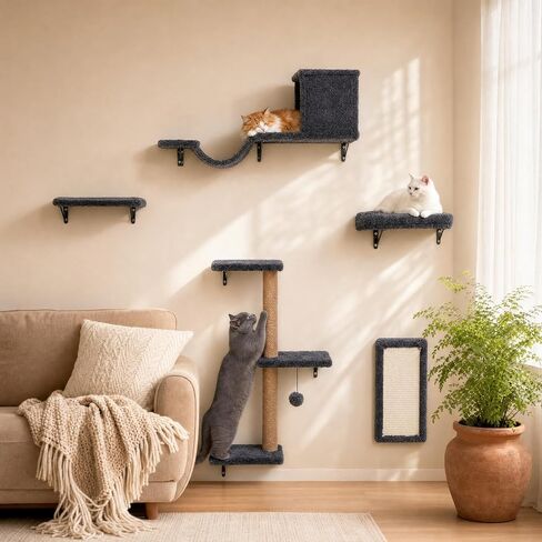 Cat Wall Shelves 6-in-1 Wall Mounted Cat Furniture 40 lbs, Dark Grey in Kuwait