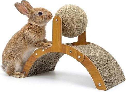 2-in-1 Rabbit Scratching Toy - Natural Sisal Ball & Corrugated Cardboard Pad Bunny Claw Scratcher, Stable Wood Arch Bridge Interactive Toys for Rabbits, Kittens, Ferrets, Chinchillas in Kuwait