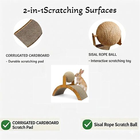 2-in-1 Rabbit Scratching Toy - Natural Sisal Ball & Corrugated Cardboard Pad Bunny Claw Scratcher, Stable Wood Arch Bridge Interactive Toys for Rabbits, Kittens, Ferrets, Chinchillas in Kuwait