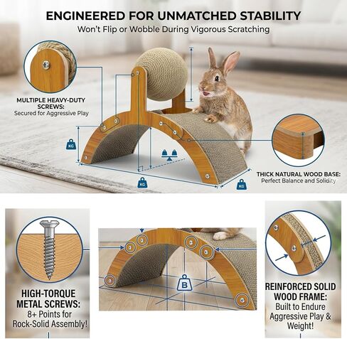 2-in-1 Rabbit Scratching Toy - Natural Sisal Ball & Corrugated Cardboard Pad Bunny Claw Scratcher, Stable Wood Arch Bridge Interactive Toys for Rabbits, Kittens, Ferrets, Chinchillas in Kuwait
