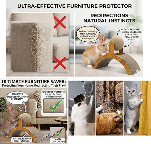2-in-1 Rabbit Scratching Toy - Natural Sisal Ball & Corrugated Cardboard Pad Bunny Claw Scratcher, Stable Wood Arch Bridge Interactive Toys for Rabbits, Kittens, Ferrets, Chinchillas in Kuwait