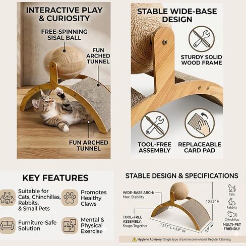 2-in-1 Rabbit Scratching Toy - Natural Sisal Ball & Corrugated Cardboard Pad Bunny Claw Scratcher, Stable Wood Arch Bridge Interactive Toys for Rabbits, Kittens, Ferrets, Chinchillas in Kuwait