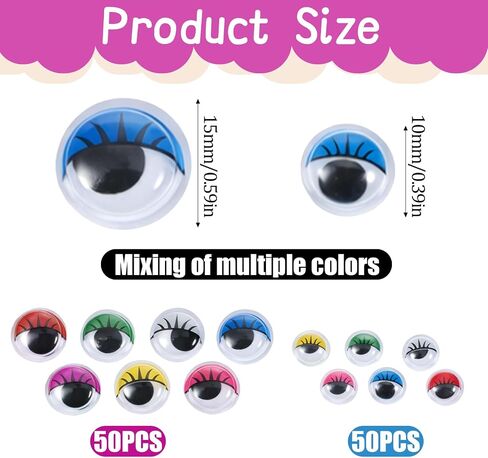 100 Pcs Round Wiggly Eyes for Crafts, Self Adhesive Googly Eyes with Eyelashes 10mm and 15mm Assorted Colors Plastic Eye for Crafts Scrapbooking Decoration in Kuwait
