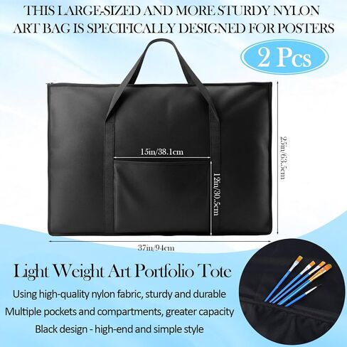 Shinylin 2 Pack Lightweight Art Portfolio Bag, 25" x 37" for 24" x 36" Artwork with Outer Pockets and Handle Extra Large Waterproof Art Portfolio Case Carrying Storage Bag for Poster Sketching Drawing in Kuwait