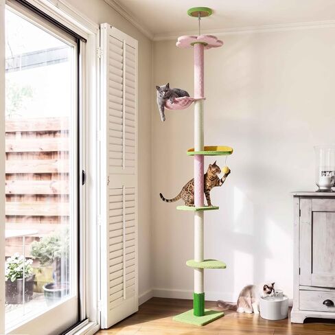 BOWHAUS Cactus Floor-to-Ceiling Cat Tree, Adjustable Height 97"-115" Tension Cat Tower, Multi-Tier Cat Climbing Pole w/Sisal-Wrapped Scratching Post, Self-Grooming Brush, Hammock, Playball & Platforms in Kuwait