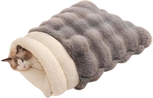 SOMAHE Cat Sleeping Bag for Indoor Cats, Faux Fur Pet Cave Bed & Burrow Nest, Reversible Plush Snuggle Sack, Portable Foldable Mat, Machine Washable, Anti-Static, 21.7"x17.7"Grey in Kuwait