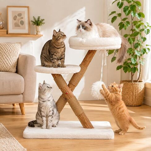 Nonta indoor cat with small wooden cat tree, X-shaped stable cat tower, with 2 platforms, natural sisal grab pole, soft fur cat fence with toys, suitable for compact cat furniture in small space multi in Kuwait