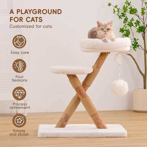 Nonta indoor cat with small wooden cat tree, X-shaped stable cat tower, with 2 platforms, natural sisal grab pole, soft fur cat fence with toys, suitable for compact cat furniture in small space multi in Kuwait