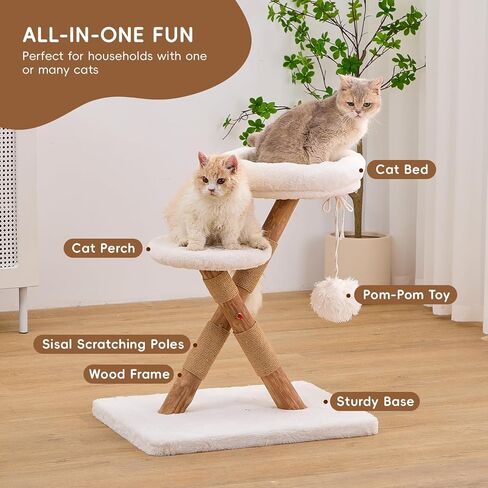 Nonta indoor cat with small wooden cat tree, X-shaped stable cat tower, with 2 platforms, natural sisal grab pole, soft fur cat fence with toys, suitable for compact cat furniture in small space multi in Kuwait