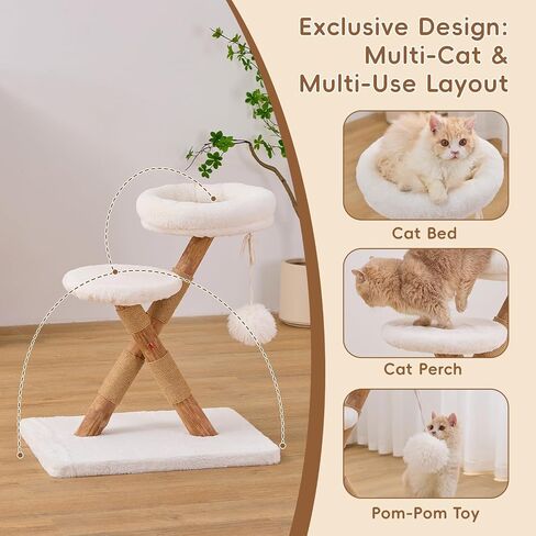 Nonta indoor cat with small wooden cat tree, X-shaped stable cat tower, with 2 platforms, natural sisal grab pole, soft fur cat fence with toys, suitable for compact cat furniture in small space multi in Kuwait