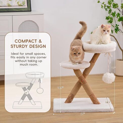 Nonta indoor cat with small wooden cat tree, X-shaped stable cat tower, with 2 platforms, natural sisal grab pole, soft fur cat fence with toys, suitable for compact cat furniture in small space multi in Kuwait