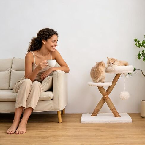 Nonta indoor cat with small wooden cat tree, X-shaped stable cat tower, with 2 platforms, natural sisal grab pole, soft fur cat fence with toys, suitable for compact cat furniture in small space multi in Kuwait