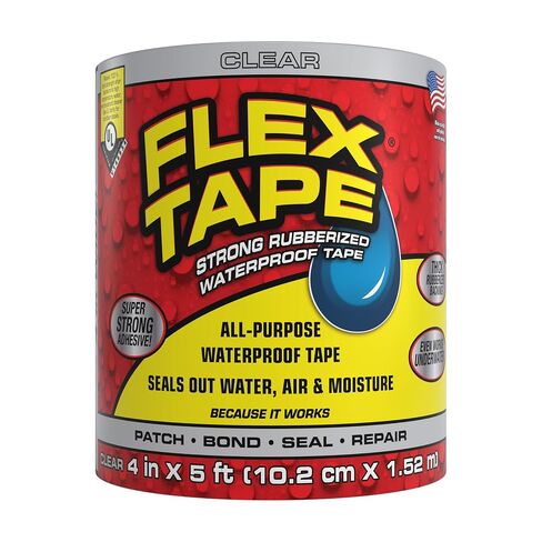 Flex Tape, 4 in x 5 ft, Clear, Original Thick Flexible Rubberized Waterproof Tape - Seal and Patch Leaks, Works Underwater, Indoor Outdoor Projects - Home RV Roof Plumbing and Pool Repairs in Kuwait