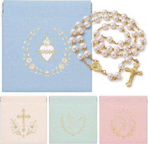 4 Pack Rosary Pouches, Squeeze Top PU Leather Prayer Bead Cases with Gold Religious Imprints, Small Rosary Bags for Catholic Prayer Beads, Chaplets, Jewelry, Assorted Colors in Kuwait