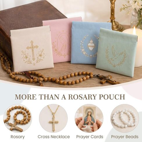 4 Pack Rosary Pouches, Squeeze Top PU Leather Prayer Bead Cases with Gold Religious Imprints, Small Rosary Bags for Catholic Prayer Beads, Chaplets, Jewelry, Assorted Colors in Kuwait