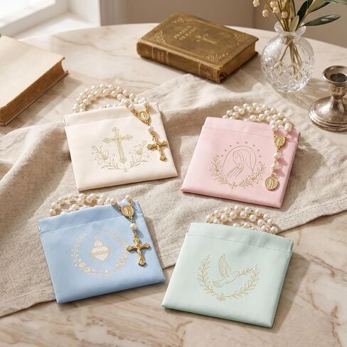 4 Pack Rosary Pouches, Squeeze Top PU Leather Prayer Bead Cases with Gold Religious Imprints, Small Rosary Bags for Catholic Prayer Beads, Chaplets, Jewelry, Assorted Colors in Kuwait