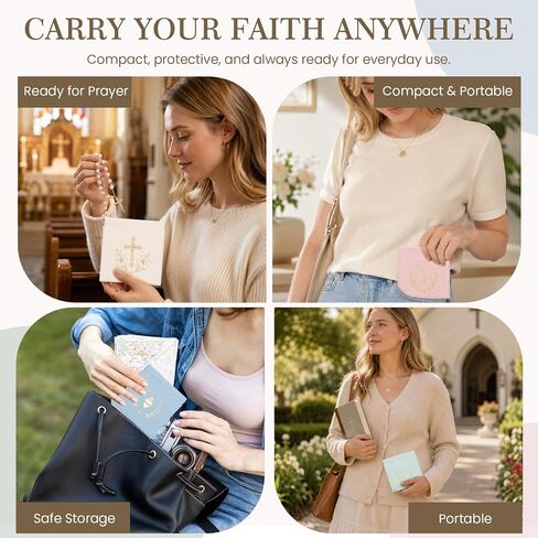4 Pack Rosary Pouches, Squeeze Top PU Leather Prayer Bead Cases with Gold Religious Imprints, Small Rosary Bags for Catholic Prayer Beads, Chaplets, Jewelry, Assorted Colors in Kuwait