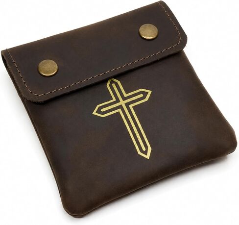 Genuine Leather Rosary Pouch – Compact Prayer Beads Case with Double Snap Closure 3.5" x 3.5" – Small Leather Holder for Religious Items & Keepsakes (Rosary not included), Brown in Kuwait