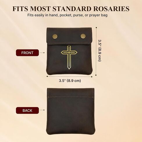 Genuine Leather Rosary Pouch – Compact Prayer Beads Case with Double Snap Closure 3.5" x 3.5" – Small Leather Holder for Religious Items & Keepsakes (Rosary not included), Brown in Kuwait
