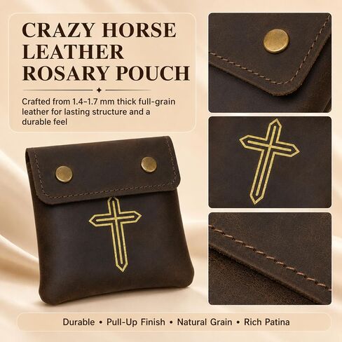 Genuine Leather Rosary Pouch – Compact Prayer Beads Case with Double Snap Closure 3.5" x 3.5" – Small Leather Holder for Religious Items & Keepsakes (Rosary not included), Brown in Kuwait