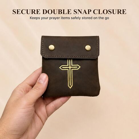 Genuine Leather Rosary Pouch – Compact Prayer Beads Case with Double Snap Closure 3.5" x 3.5" – Small Leather Holder for Religious Items & Keepsakes (Rosary not included), Brown in Kuwait