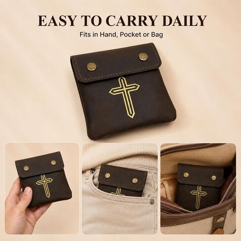 Genuine Leather Rosary Pouch – Compact Prayer Beads Case with Double Snap Closure 3.5" x 3.5" – Small Leather Holder for Religious Items & Keepsakes (Rosary not included), Brown in Kuwait