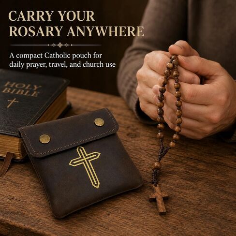Genuine Leather Rosary Pouch – Compact Prayer Beads Case with Double Snap Closure 3.5" x 3.5" – Small Leather Holder for Religious Items & Keepsakes (Rosary not included), Brown in Kuwait