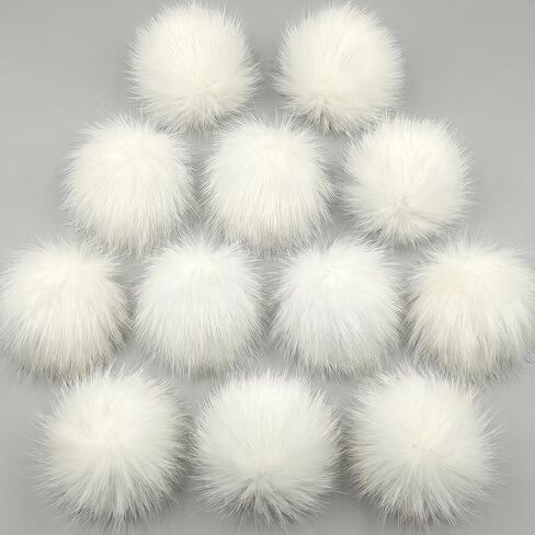 12 Pcs Faux Fur Pom Pom Balls for Hats, 3.5 in Faux Fox Large Pompoms, White Fur Fluffy Pompom Beanie Ball with Elastic Loop for Keychains Shoes Scarves Bags Charms Crafts DIY Accessories in Kuwait