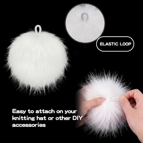 12 Pcs Faux Fur Pom Pom Balls for Hats, 3.5 in Faux Fox Large Pompoms, White Fur Fluffy Pompom Beanie Ball with Elastic Loop for Keychains Shoes Scarves Bags Charms Crafts DIY Accessories in Kuwait