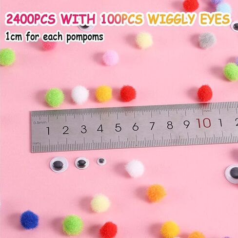 Caydo 2400PCS Small Pom Poms for Crafts with 100PCS Wiggly Eyes, 24 Colors in Kuwait