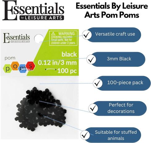 Essentials By Leisure Arts 100pc Black 3mm Pom Poms - Cotton Craft Pom Pom Balls for DIY Projects, Decorative Crafts, Toys, Garlands & More in Kuwait