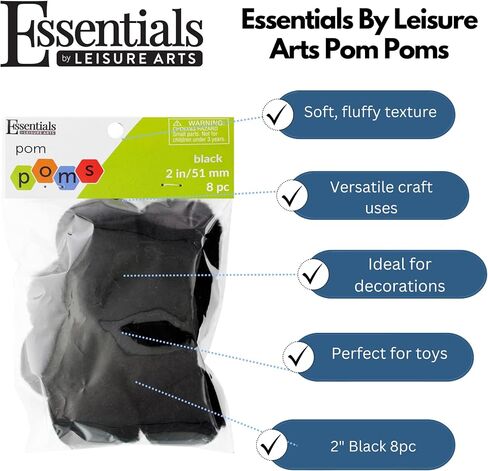 Essentials By Leisure Arts Pom Poms, Black -2", 8 Pieces Per Pack in Kuwait