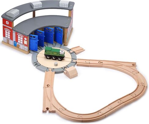 SainSmart Jr. Wooden Train Track with Roundhouse - Railway Toy for Toddlers, Double-Side Tracks Compatible with with All Major Brands - Wood Toy Train for Aged 3+ in Kuwait