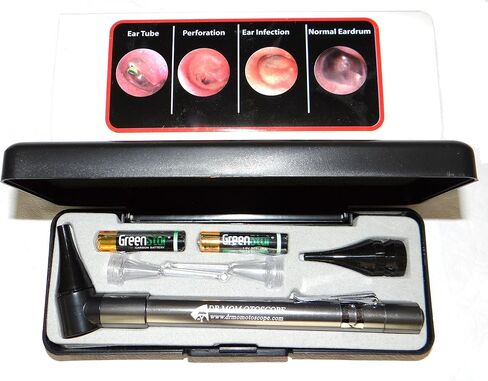 Third Generation Dr Mom Slimline Stainless LED Pocket Otoscope with Soft White Natural Hue Light Spectrum in Hard Travel Case Includes Lighted Ear Wax curettes in Kuwait