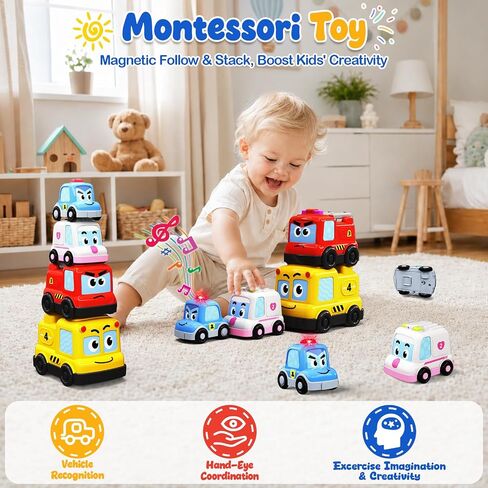 Montessori Toys for Toddlers 1-3, 4-in-1 Magnetic Cars Stacking Nesting Follwing Crawling Baby Toys, Police Car Auto-Drives with Music & Light, Car Gifts Sensory Educational Toys for Boys Girls in Kuwait