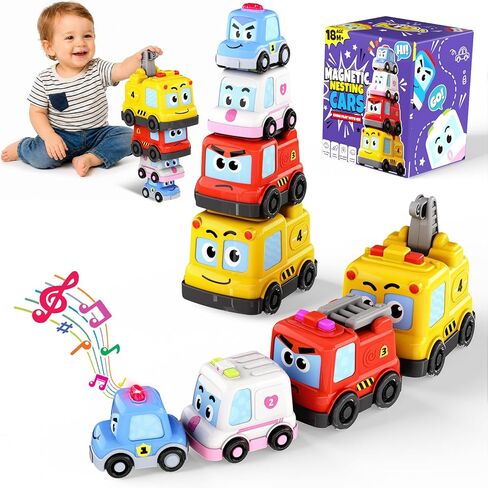 Montessori Toys for Toddlers 1-3, 4-in-1 Magnetic Cars Stacking Nesting Follwing Crawling Baby Toys, Police Car Auto-Drives with Music & Light, Car Gifts Sensory Educational Toys for Boys Girls in Kuwait