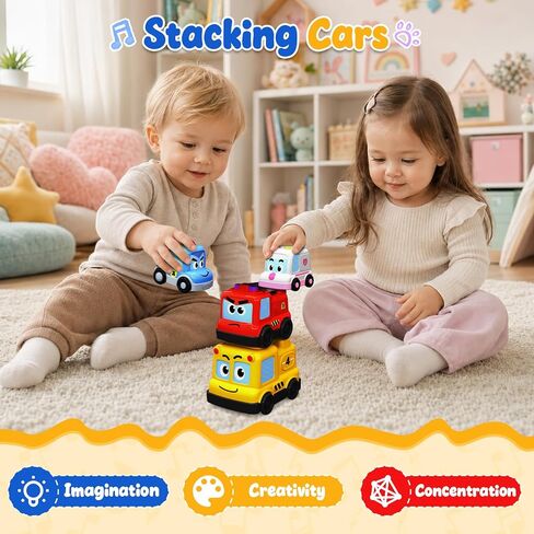 Montessori Toys for Toddlers 1-3, 4-in-1 Magnetic Cars Stacking Nesting Follwing Crawling Baby Toys, Police Car Auto-Drives with Music & Light, Car Gifts Sensory Educational Toys for Boys Girls in Kuwait