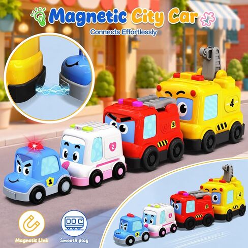 Montessori Toys for Toddlers 1-3, 4-in-1 Magnetic Cars Stacking Nesting Follwing Crawling Baby Toys, Police Car Auto-Drives with Music & Light, Car Gifts Sensory Educational Toys for Boys Girls in Kuwait