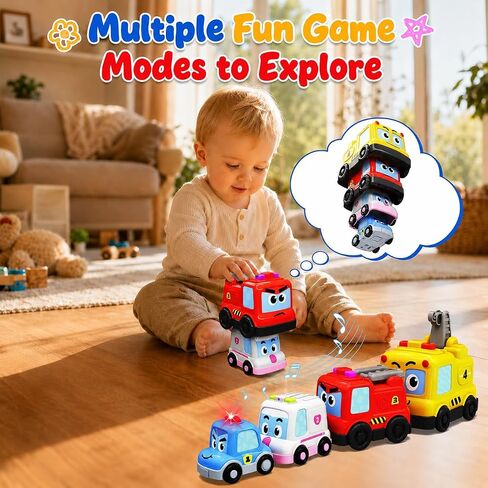 Montessori Toys for Toddlers 1-3, 4-in-1 Magnetic Cars Stacking Nesting Follwing Crawling Baby Toys, Police Car Auto-Drives with Music & Light, Car Gifts Sensory Educational Toys for Boys Girls in Kuwait