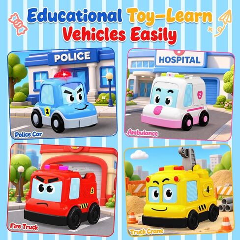 Montessori Toys for Toddlers 1-3, 4-in-1 Magnetic Cars Stacking Nesting Follwing Crawling Baby Toys, Police Car Auto-Drives with Music & Light, Car Gifts Sensory Educational Toys for Boys Girls in Kuwait