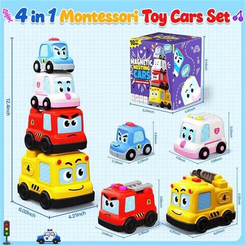 Montessori Toys for Toddlers 1-3, 4-in-1 Magnetic Cars Stacking Nesting Follwing Crawling Baby Toys, Police Car Auto-Drives with Music & Light, Car Gifts Sensory Educational Toys for Boys Girls in Kuwait