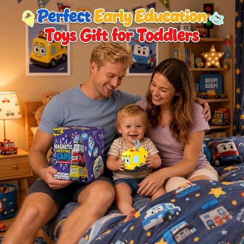 Montessori Toys for Toddlers 1-3, 4-in-1 Magnetic Cars Stacking Nesting Follwing Crawling Baby Toys, Police Car Auto-Drives with Music & Light, Car Gifts Sensory Educational Toys for Boys Girls in Kuwait