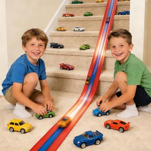 16.4ft Race Car Track, 3-Lane Flexible Race Track for Kids Compatible with Diecast 1/64 Scale Cars with 6 Metal Toy Racing Cars, Portable Rolls Up Race Tracks with Strong Suction Cups (Red) in Saudi Arabia