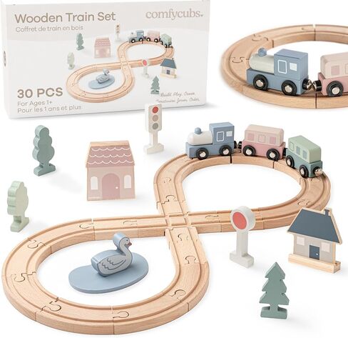 Comfy Cubs 30-Piece Wooden Train Set for Toddlers Ages 1+, Fun & Eco Friendly Toddler Train Set with Wooden Toy Tracks - Creative Toy Town Promoting Imaginative Play with Flexible Configuration in Saudi Arabia