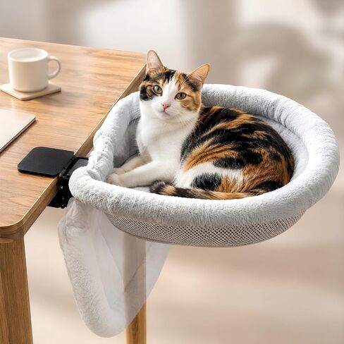 Cat Desk Bed, Clamp-On Cat Bed for Desk with Soft Fleece & Breathable Mesh, Foldable Cat Desk Hammock Holds 66 lbs, Fits Desks up to 3.3", Desk Cat Bed Attachment for Home Office, Bedside & Counter in Kuwait