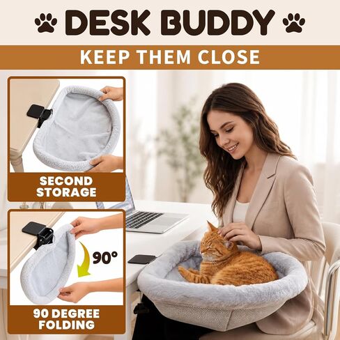 Cat Desk Bed, Clamp-On Cat Bed for Desk with Soft Fleece & Breathable Mesh, Foldable Cat Desk Hammock Holds 66 lbs, Fits Desks up to 3.3", Desk Cat Bed Attachment for Home Office, Bedside & Counter in Kuwait
