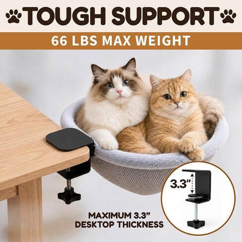 Cat Desk Bed, Clamp-On Cat Bed for Desk with Soft Fleece & Breathable Mesh, Foldable Cat Desk Hammock Holds 66 lbs, Fits Desks up to 3.3", Desk Cat Bed Attachment for Home Office, Bedside & Counter in Kuwait